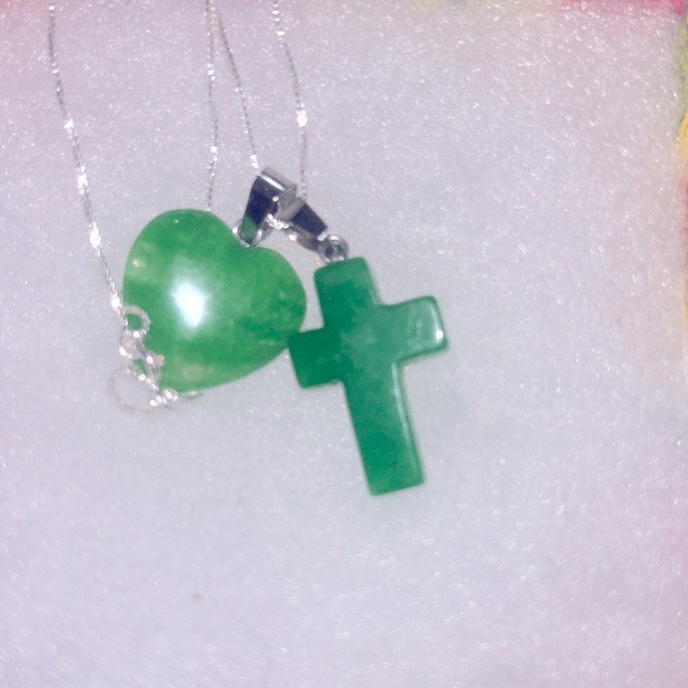 Boho hippie Jade Cross and Heart Sterling Silver 16” Necklace
